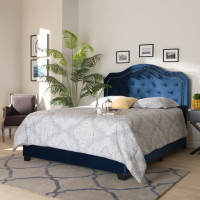Baxton Studio Samantha-Navy Blue-Queen Samantha Modern and Contemporary Navy Blue Velvet Fabric Upholstered Queen Size Button Tufted Bed